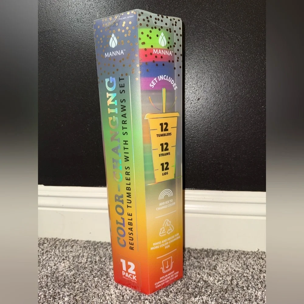 Manna 12 color changing with confetti tumbler with straw set NIB